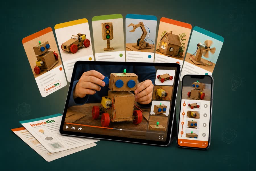 Tablet, telefono, schede e manuali illustrati con i progetti InventoKids